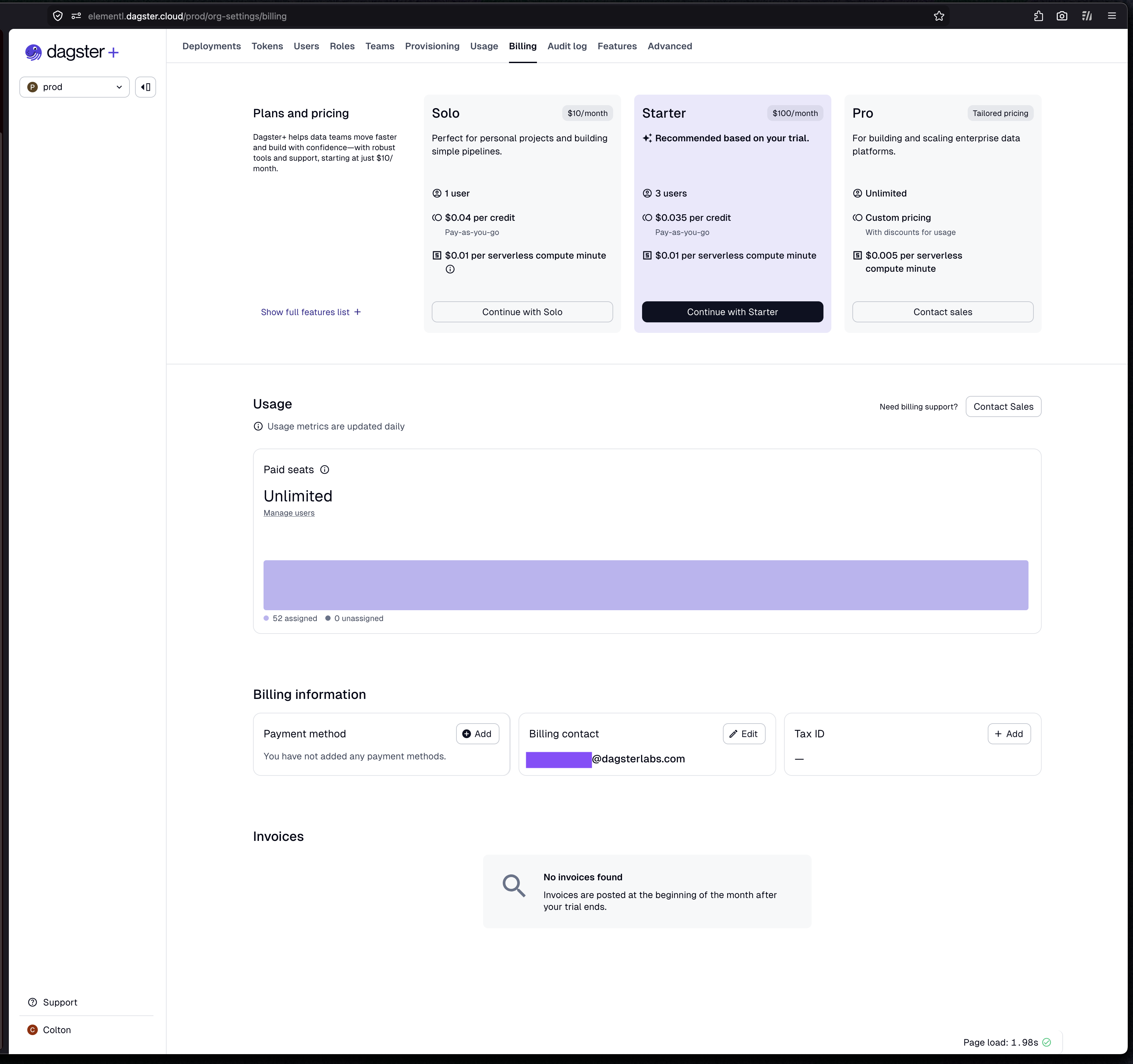 Dagster+ Billing page